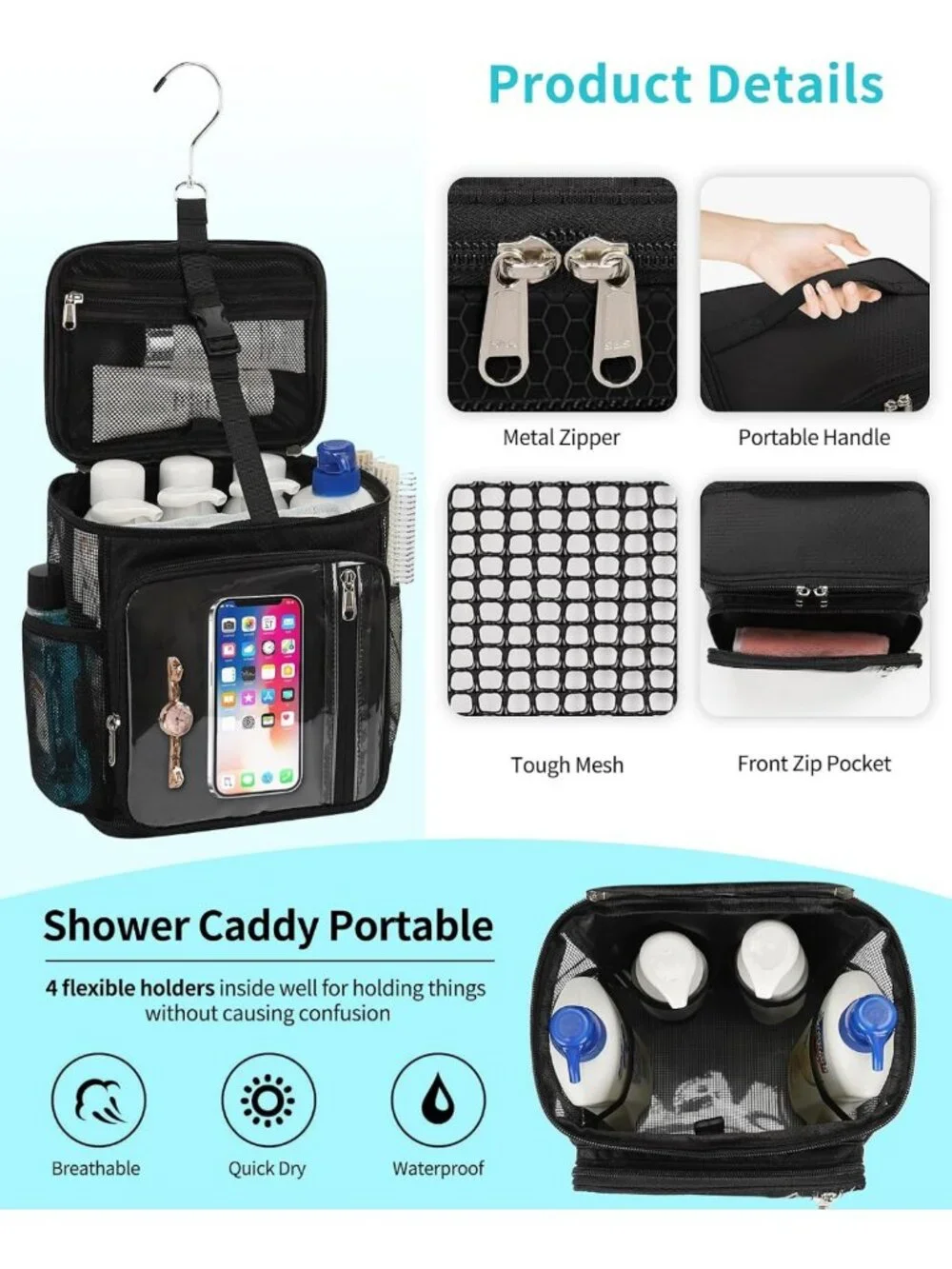 Portable Hanging Shower Caddy - Quick Dry Toiletry Tote for College & Travel